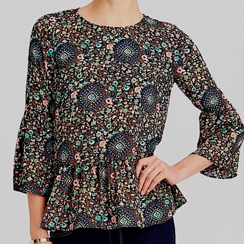 J Crew Small Soft Floral Bell Sleeve Peplum Top. Sz Small